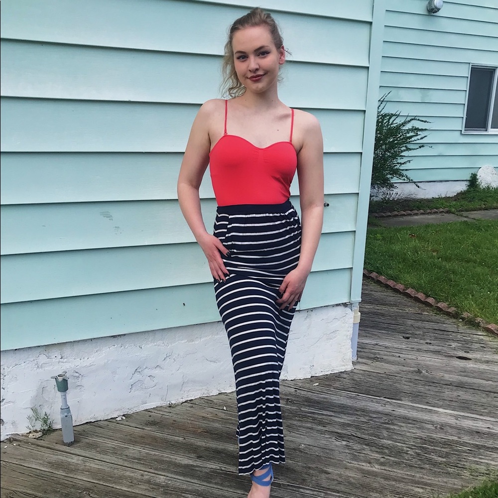 blue and white striped maxi skirt
